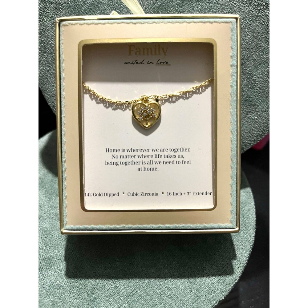 Target CZ Heart Pendant family tree Necklace Gold Plated Rope Chain 16+3in Adj
